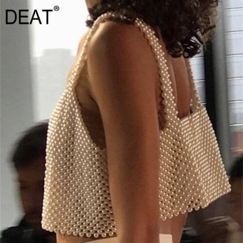 DEAT 2021 Women Festival Pearl Crop Tops Metal Body Chain Sexy Club Party Summer Beach Sling Bra Vest MI468