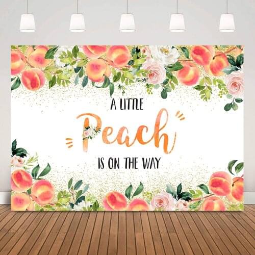 A Little Peach is on the Way Backdrop Newborn Peach Baby Shower Photo Background Flowers Leaves Dots Portrait Photography