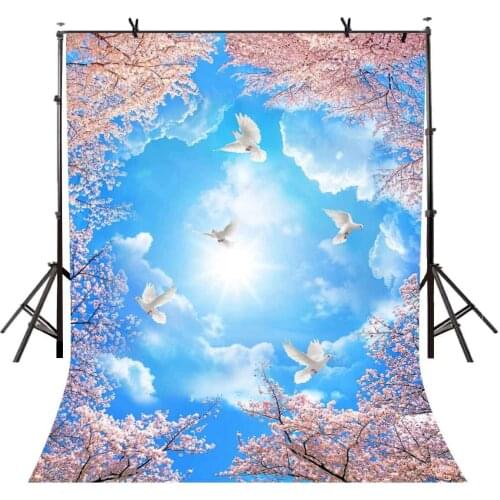 150x210cm Blue sky Sunshine Backdrop Sunlight Pigeons Beautiful Flowers Photography Background for Camera Photo Props