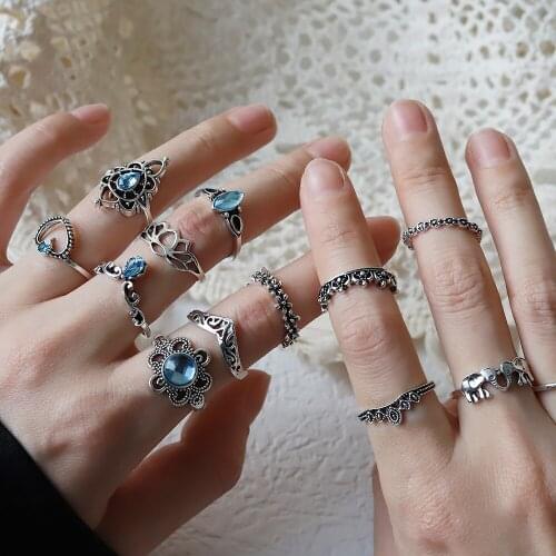 Vintage Style Ring Set Antique Retro Male Boho Jewelry Ring Female Black Amulet Goth Rings for Women Men Bohemia Jewelry Gift