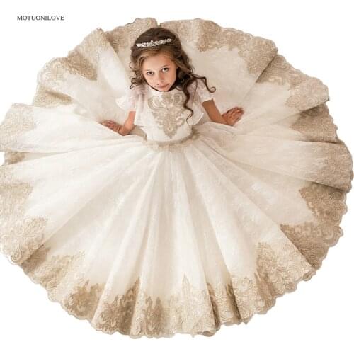 Horn Sleeve Champagne and White Lace First Communion Dresses for Girl Kids Flower Girls Dress Party Easter Dress For Weddings