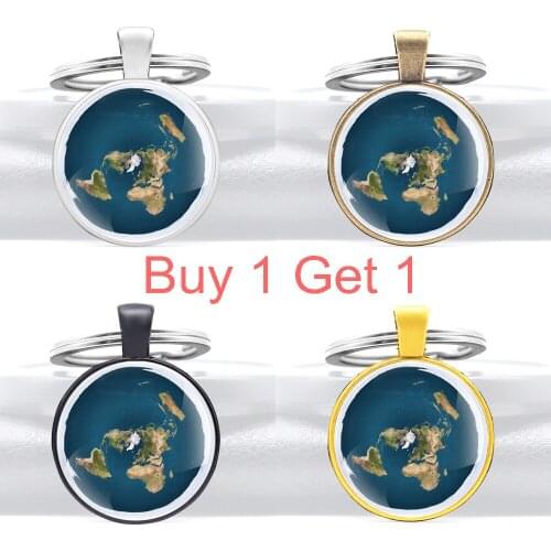 Buy 1 Get 1 the Earth Is Flat Glass Cabochon Metal Pendant Key Chain Fashion Men Women Key Ring Jewelry Gifts Keychains