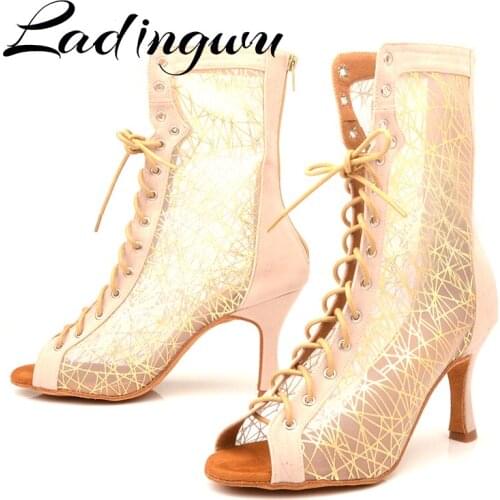 Ladingwu Dance Shoes Beige Suede High Boots Women Latin Dance Shoes Breathable Mesh Ballroom Dance Shoes Party Salsa Shoes