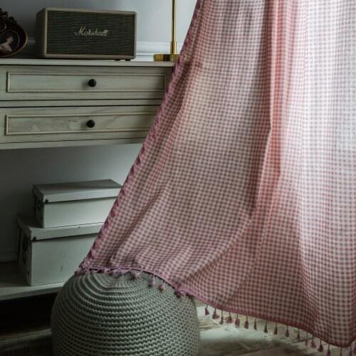 Nordic Pink Lace Linen Curtains for Living Room Girls Bedroom Windows Plaid Ready Made Door Curtain Blinds Drapes Home Decor