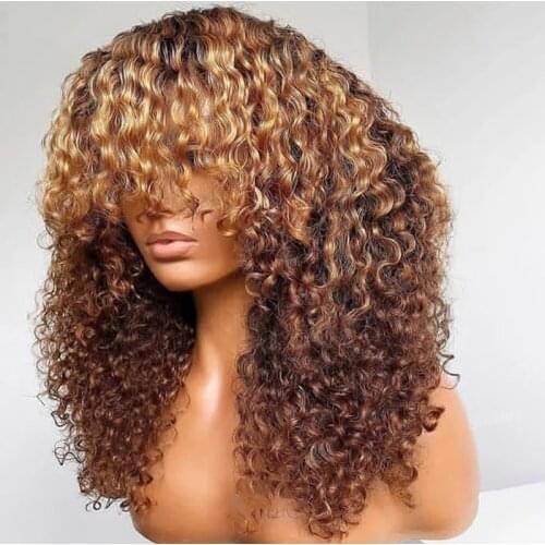 Brown Ombre Afro Kinky Curly Human Hair Wigs with Bangs 360 Lace Front Wig For Women Pre Plucked Natural Hairline 250 Density