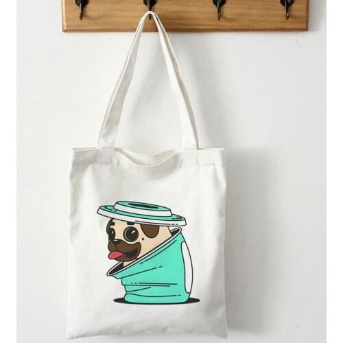 Couple Clothing Cute Pug Donut Cartoon Dog Sell Well Shopping Canvas Tote Handbags Bags Kawaii Vintage Harajuku Punk Handbags