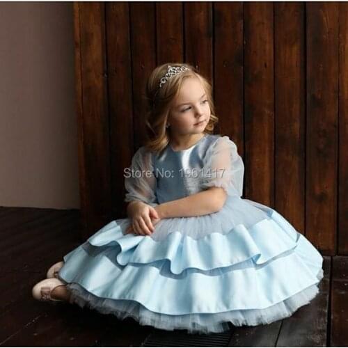Sky Blue Flower Girl Dress with Bow Knee-Length Satin Cute Kids Birthday Party Gowns Custom Made Ruffles