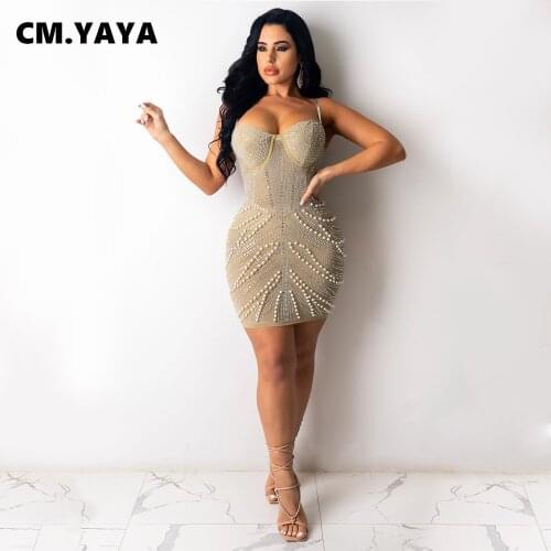 CM.YAYA Mini Dress Women Diamonds Sleeveless Spaghetti Strap Sheath Elastic Empire Dresses Sexy Night Party Elegant Dress Female