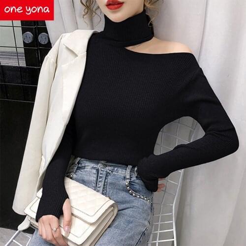 Spring and Autumn Womens Solid Color Knit High Neck Strapless Sweater Sexy Stretch Tight Pullover Sweater