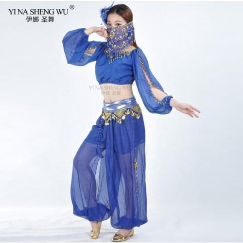 Bollywood Dance Costumes Indian Belly Dance Costumes Set For Women Chiffon Bollywood Orientale Belly Dance Top+Pants+Face Veil