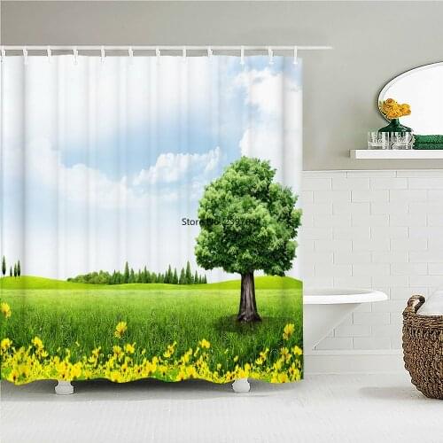 Sunny landscape Shower Curtain with Hooks Waterproof Fabric Blue Sky and White Clouds Nature Scenery Decor Bathroom Curtains