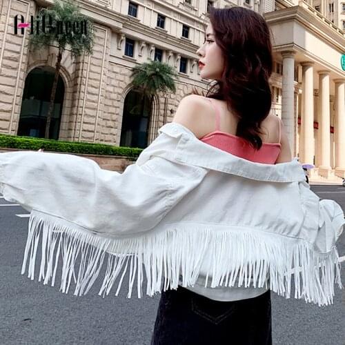 2020 Autumn Women White Tassel Batwing Cropped Jeans Jacket Streetwear Female Denim Jackets Veste Femme Casual Loose Short Coats
