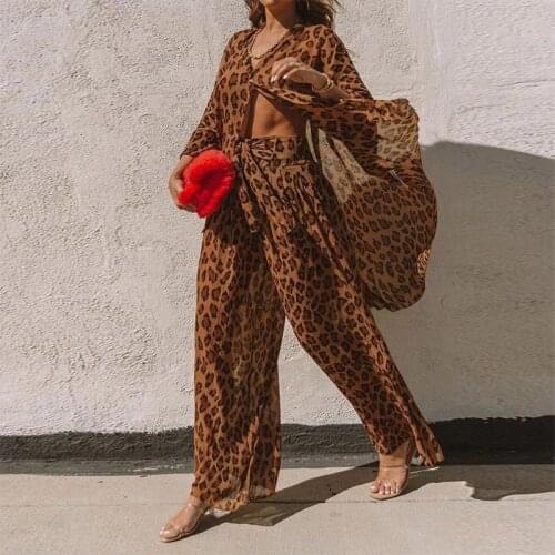 Elegant Women Leopard Print 2 Piece Sets 2021 Summer Shirt + Wide Leg Pants Suits Ladies Fashion Long Sleeve Outfits Streetwear