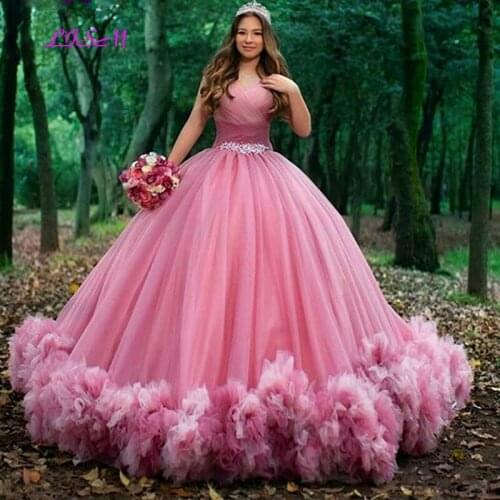 Rose Pink Sweet Sweetheart Ball Gown Quinceanera Dress Vestido De 15 Anos Ruffles Sleeveless Long Prom Party Dresses 2021