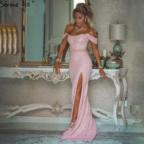 Serene Hill Pink Luxury Beaded Evening Gown 2021 Sexy With Split Off Shoulder For Women Formal Party Dress LA71256