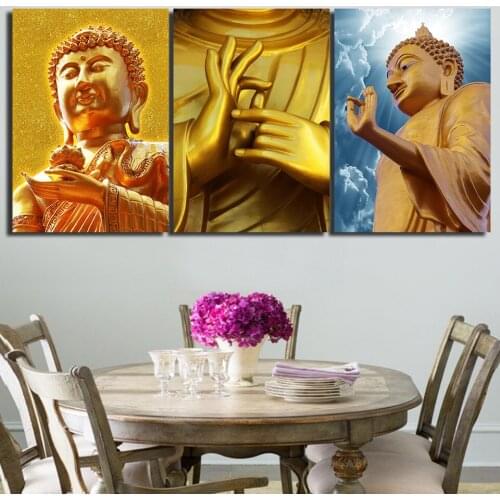 Promotion High Quality HD print 3 piece buddha canvas golden buddha wall art Painting Zen canvas painting Free shipping