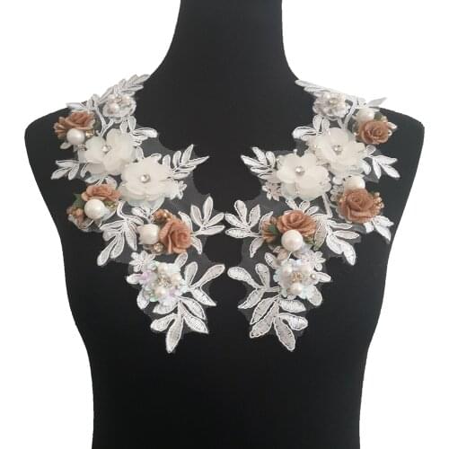 White 3D three-dimensional flower decoration pearl rhinestone embroidery DIY clothing craft supplies accessories 1 pair for sale