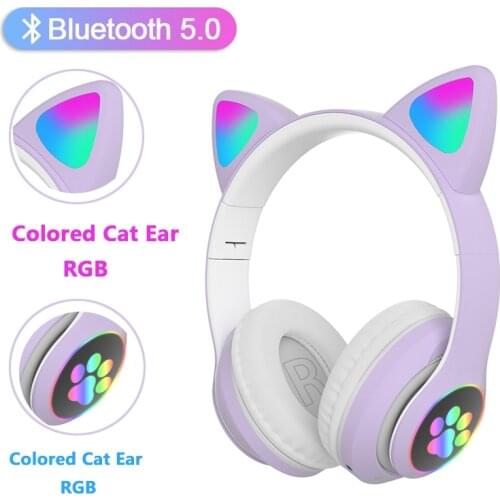 RGB Cat Ear Wireless Headphones Bluetooth 5.0 Bass Noise Cancelling Adults Kids Girl Headset Support TF Card With Mic Gift Brace