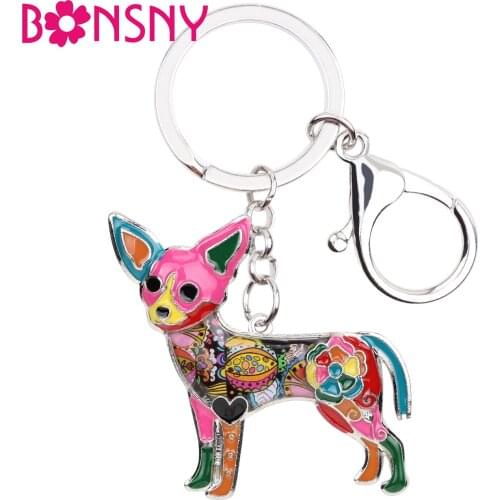 Bonsny Enamel Chihuahua Dog Key Chain Key Ring Souvenir Gift For Women Bag Charm Fashion Animal Jewelry Keychain Accessoies