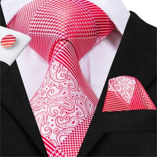 Hi-Tie Designer Brand Men Ties Red Jacquard Woven 100% Silk Necktie Hanky Cufflinks Set Gravata For Wedding Patry