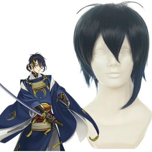 Game Touken Ranbu Mikazuki Munechika Cosplay Short Dark Blue Heat Resistant Synthetic Hair Wigs + Free Wig Cap