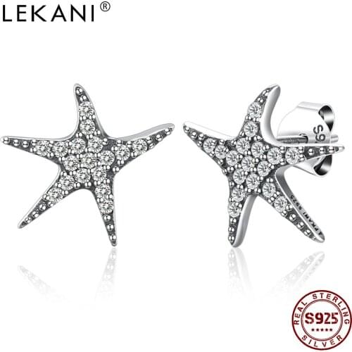 LEKANI 925 Sterling Silver Cute Sea Star Earrings For Women Trendy Full Cubic Zirconia Stud Earring Unique Design Fine Jewelry