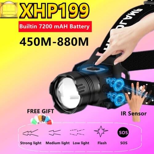 2021 XHP199 IR Sensor Headlamp 1000000LM Rechargeable Head Flashlight 7200mAh High Power Headlight 18650 Fishing Led Head Lamp