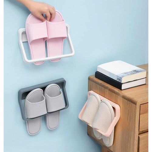 Bathroom Wall Mounted Punch-free Space-saving Slipper Holder Rack Shoes Hanger Shelf Family Storage Shoe Box