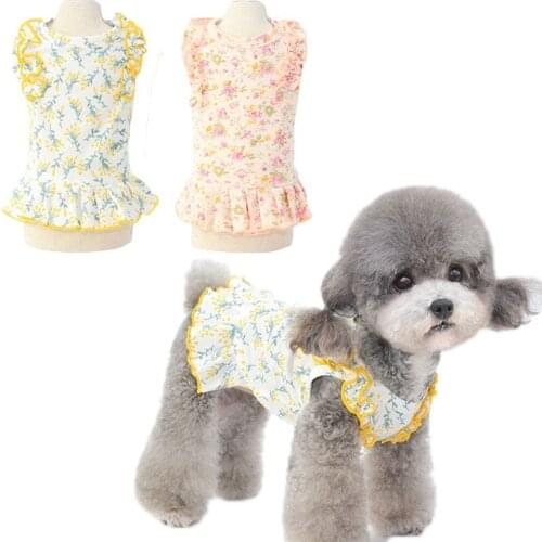 Floral Leaves Pattern Dog Clothes Dress Sleeveless Vest O-neck Pleated Skirt Lace Decor Cotton Cat Dress Female Dog Chihuahua XL