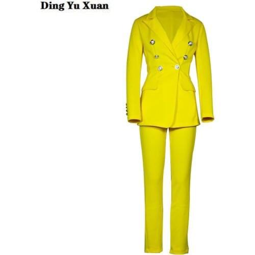 Office Uniform Designs Pink Yellow White Black Pants Suits Office Lady Blazer Jacket and Pants Womens Formal Work Trouser Suit