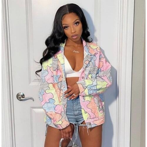 Hirigin Autumn Winter Colorful Camo Turn Down Collar Shirt Jacket Long Sleeve Casual Outwear Women Fashion Button Coats