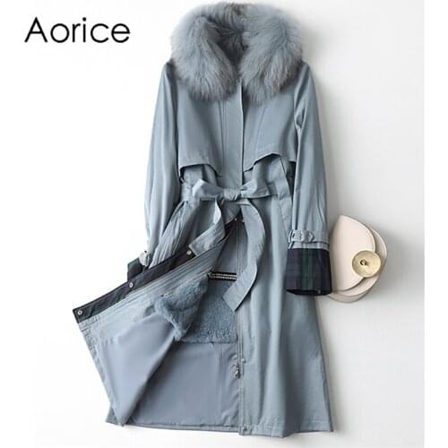 Aorice Women Real Fox Fur Collar Coat Jacket Female Rex Rabbit Liner Long Parka Trench A41644