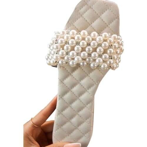 Women Comfy Square Open Top Faux Leather Slippers Imitation Pearls Beading Strap Flat Slide Shoes Casual Club Party Beach 066C