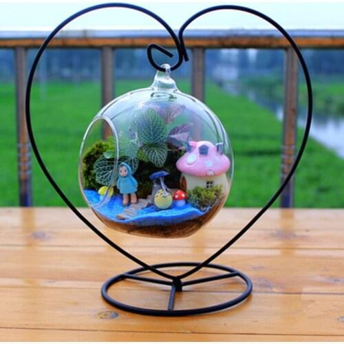 Black Color Handmade Ball Vase Heart Shape Iron Stand Simple Stylish Hanging Glass Plant Vase Home Decoration Maison DIY Vases