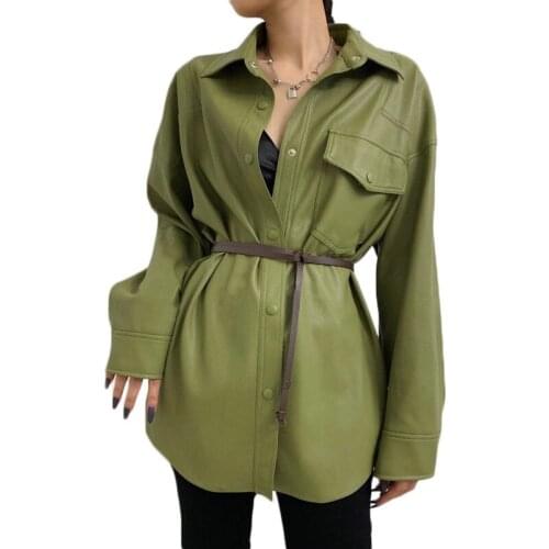 2021 New Spring and Autumn Women Retro Mid-long PU Jacket Loose Faux Leather Single-breasted Long-sleeve Jacket NS2539