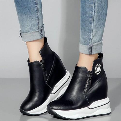 New Platform Creepers Women Genuine Leather Wedges High Heel Ankle Boots Female High Top Round Toe Fashion Sneakers Casual Shoes