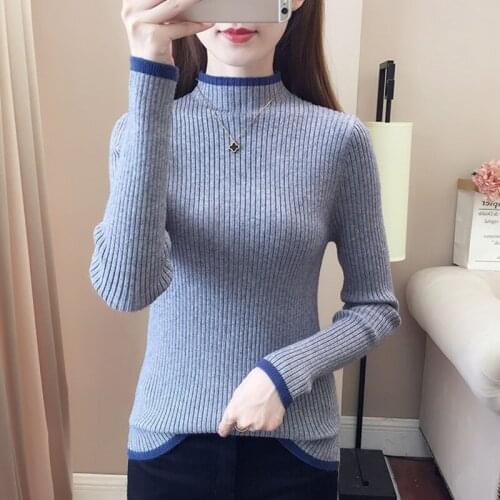 2021 Color Contrast Knitted Pullover Sweaters Women Autumn Winter Half High Collar Korean Slim Long Sleeve Elasticity Pull Femme