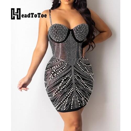 Solid Diamonds Beading Embellished Sexy Party Dresses for Women Spaghetti Strap Above Knee Skinny Bodycon Dress