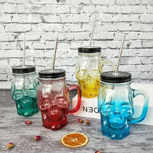 Free Shipping 500ml Colored Skulls with the Glass Beer Mug Large Beer on Draft a Mason Jar Novelty Heavy Base Glass Skull Face
