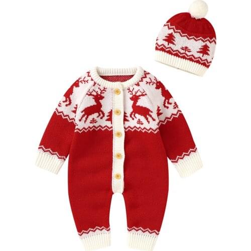 Baby Christmas Rompers Casual Long Sleeve Jumpsuit With Hat Cute Knitted Single-breasted Romper For 0-18Months