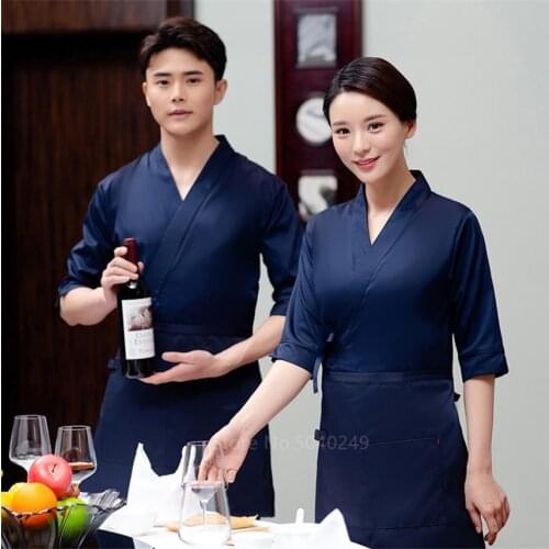 Mens Japanese Blue Slim V-neck Chef-Coat Half Sleeve Kimono Restaurant Chef Jacket with Apron Women Sushi Cooking Unfiorm
