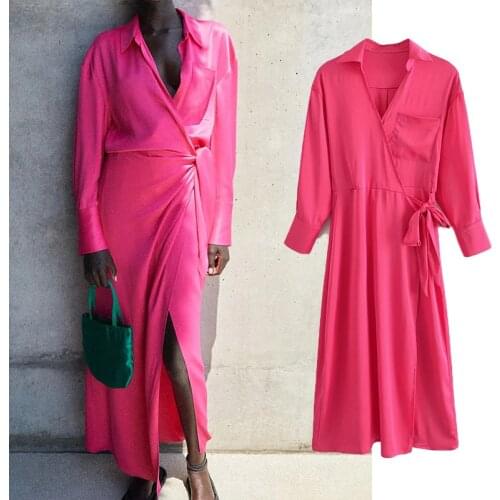 Klkxmyt Za Dress Women Fashion Satin Shirt Midi Dress Woman 2021 Vintage Long Sleeve Casual Wrap Elegant Summer Dresses Vestidos