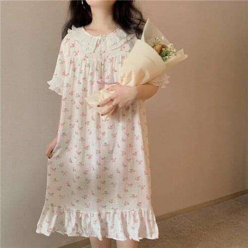 Sweet Summer Ruffle Nightgown Women Floral Print Sleep Dress Loose Casual Cute Homewear Long Sleeve O-neck Nightdress Sexy Soft