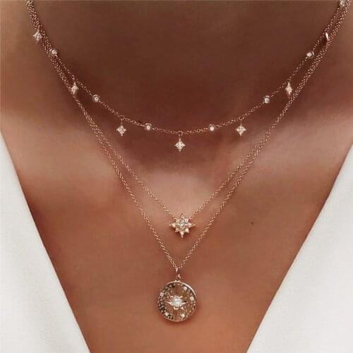 Boho Multilayer Crystal Star Pendant Necklace Women Gold Color Coin Pearl Beads Choker Necklaces Jewelry Geometric Collares New