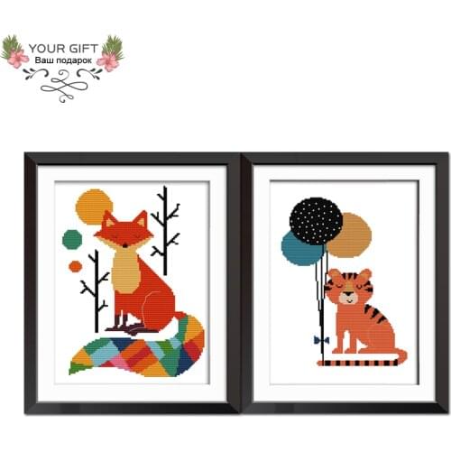 Joy Sunday C882C890 Counted and Stamped Home Decor Seven Color Fox Cartoon Tiger Needlework Embroidery Cross Stitch kits