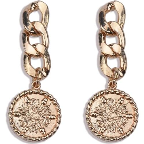 2020 New Carved Coin Drop Earrings for Women Gold Color Long Chain Statement Round Dangle Earrings Boho Chic Jewelry Brincos