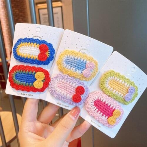 New Korean Simple Cute Colorful Wool Knitted Bow Oval Childrens BB Clip Headwear Fashion Sweet Girl Hairpins Hair Accessories