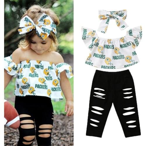 Baby Kids Girls clothes Off Shoulder letter print pullover short sleeve Tops Hole solid Pants Bow Headband 3PCS cotton Outfits