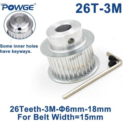 POWGE 26 Teeth HTD 3M Synchronous Pulley Bore 5/6/6.35/7/8/10/12/14/15mm for Width 15mm 3M Timing belt HTD3M pulley 26Teeth 26T
