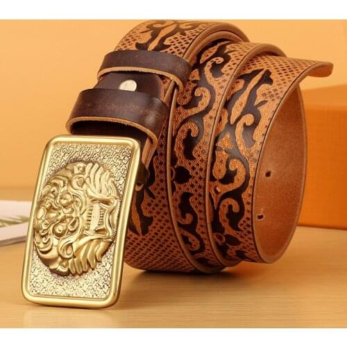 Mens Cowskin Pure Genuine Leather Belt Copper buckle pattern belt Retro men Smooth buckle belts vintage jeans cintos masculinos